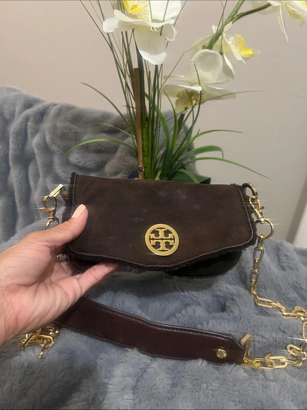 Tory Burch Dark Brown Suede and Shearing Mini Shoulder Bag with Gold Logo GUC